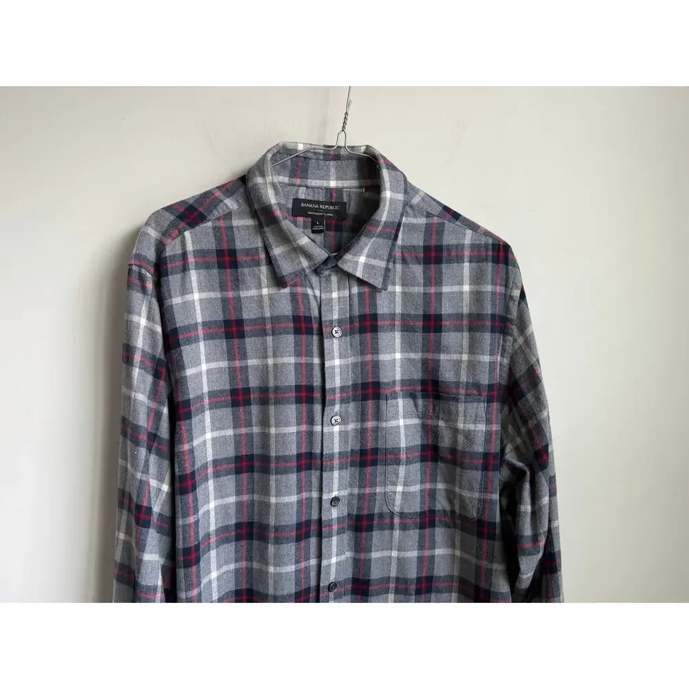 Banana Republic Plaid Long Sleeve Lightweight Flannel Button-Up Shirt Gray Large
